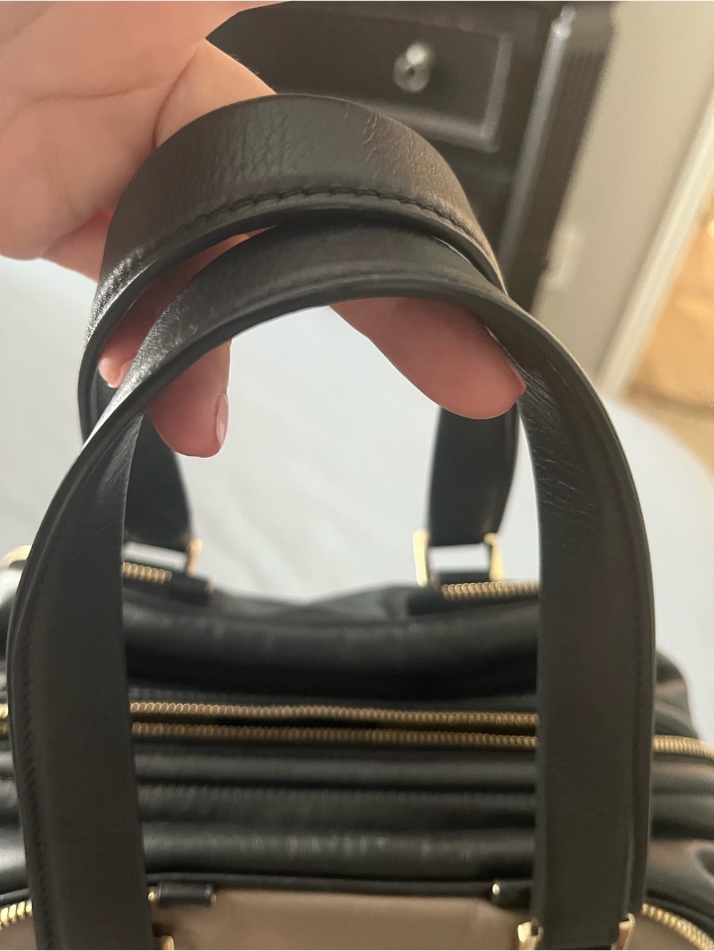 Two-Tone Black and Taupe Leather Satchel - Chic Women's Handbag - Picture 8 of 11